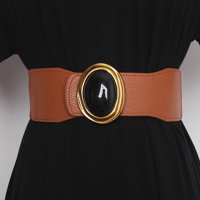 

Women's Runway Fashion Diamonds PU Leather Elastic Cummerbunds Female Dress Corsets Waistband Belts Decoration Wide Belt TB1071