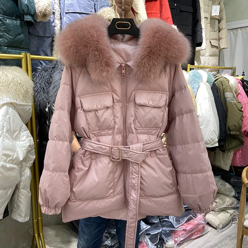 2021 Winter New White Duck Down Jacket Women's Short Love Collar Fox Large Fur Collar Waist Waist Thin Warm Coat