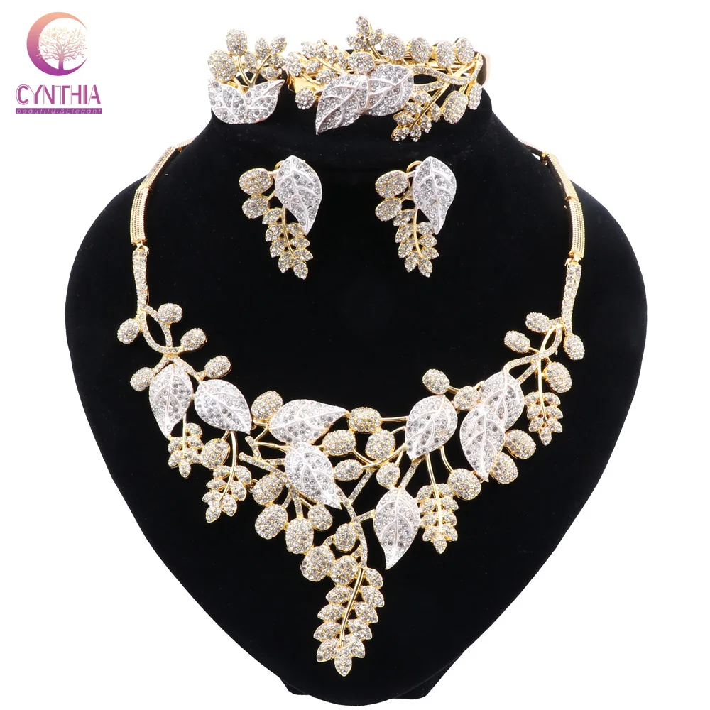 

CYNTHIA New Indian Jewelry Sets Multicolor Bridal Wedding Crystal Dubai Leaves Shape Necklace Earring Bracelet Sets for Women