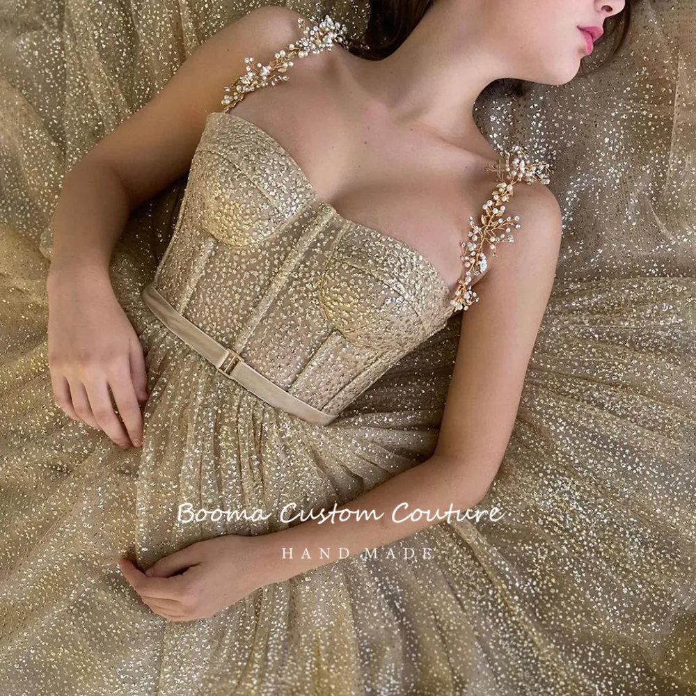 Booma Gold Glitter Tulleชุดลูกปัดสายรัดชา-ความยาวชุดราตรีA-Lineสั้นอย่างเป็นทางการParty Dresses Plusขนาด