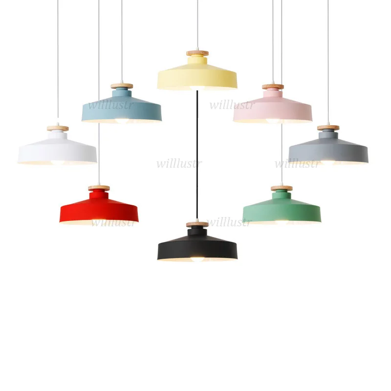 Modern Metal Pendant Lamp Creative Macaron Color Wood Suspension Light Cafe Bakery Shop Hotel Kids Room Blue Green Pink Lighting