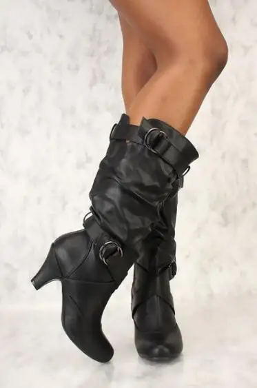 High Heels Boots Women Pu Knee High Boots Female Round Toe Buckle Shoes High Heels Shoes Autumn Winter 2019 New Black