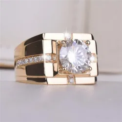 Popular Trendy Business Wide-Faced White Zirconium Ring For Men Copper European Style Engagement Wedding Party Rings Jewelry