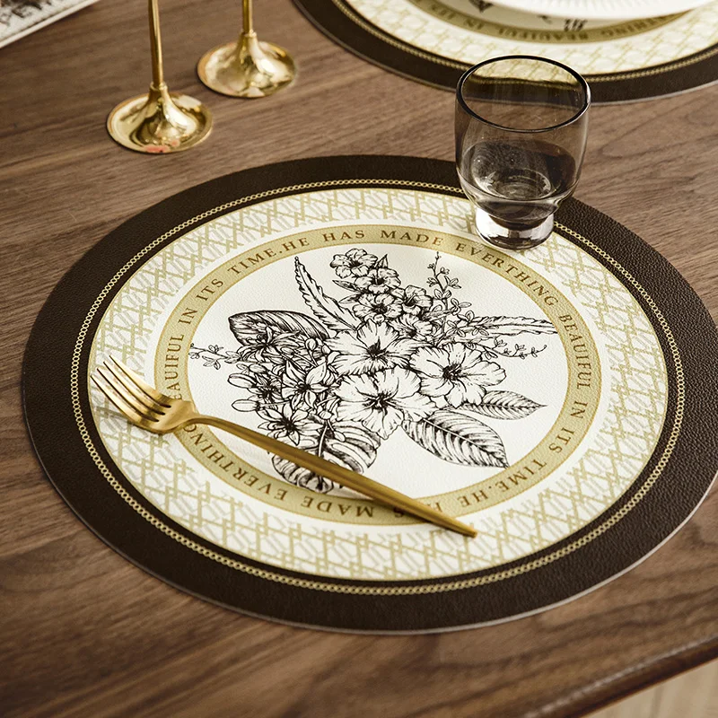 Waterproof Faux Leather Table Mats,Round Placemats,Luxury Coasters,Black Gold Series,Easy to Wipe Off for Kitchen and Dining