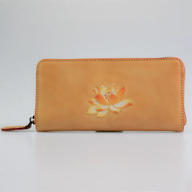 Cow Leather Women Long Zipper Flower Engraved Purse Solid Wallet