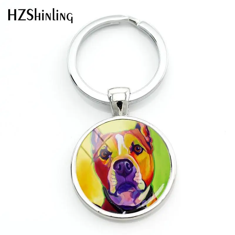 Fashion Pit Bull Dog Keyring Pitbull Keychain Glass Dome Key Chains Hot Round Hand craft Keyrings For A Woman Bag