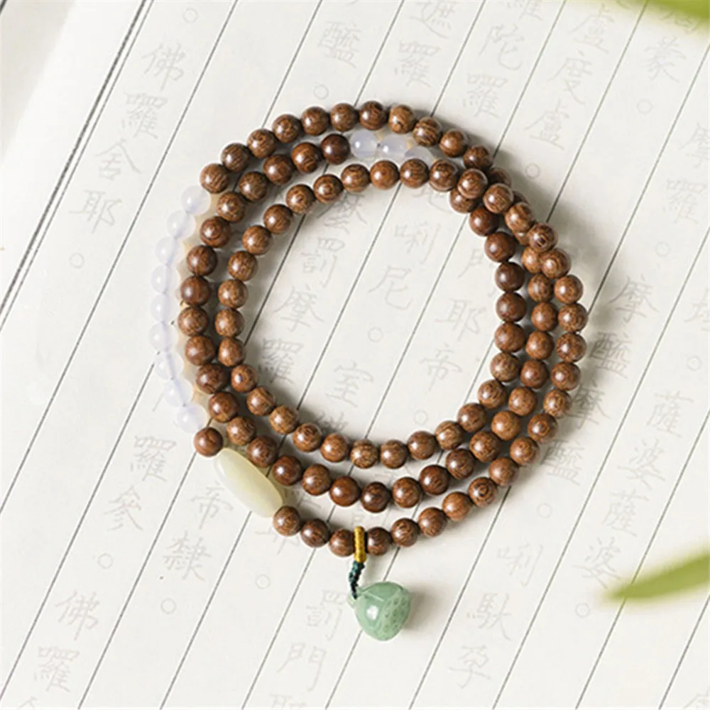 Golden Silk Sandalwood Multi-circle Bracelet Green Aventurine Lotus Pendant Hetian Jade Accessory Buddhist Rosary Bracelet