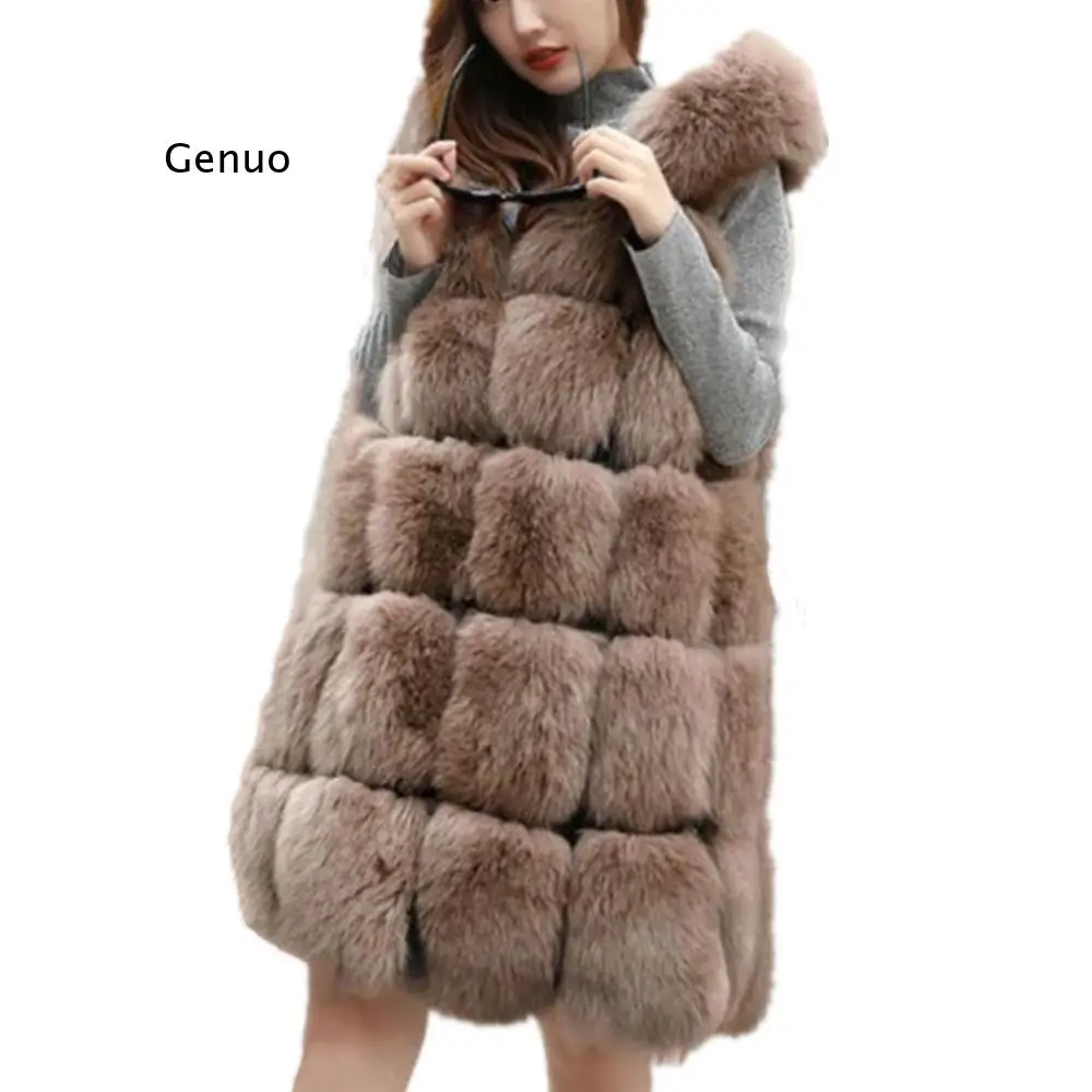 New Winter 90Cm Thick Warm Faux Silver Fox Fur Sleeveless Vest with Hooded Women Faux Fur Vest Coat Long Fur Coat Jacket