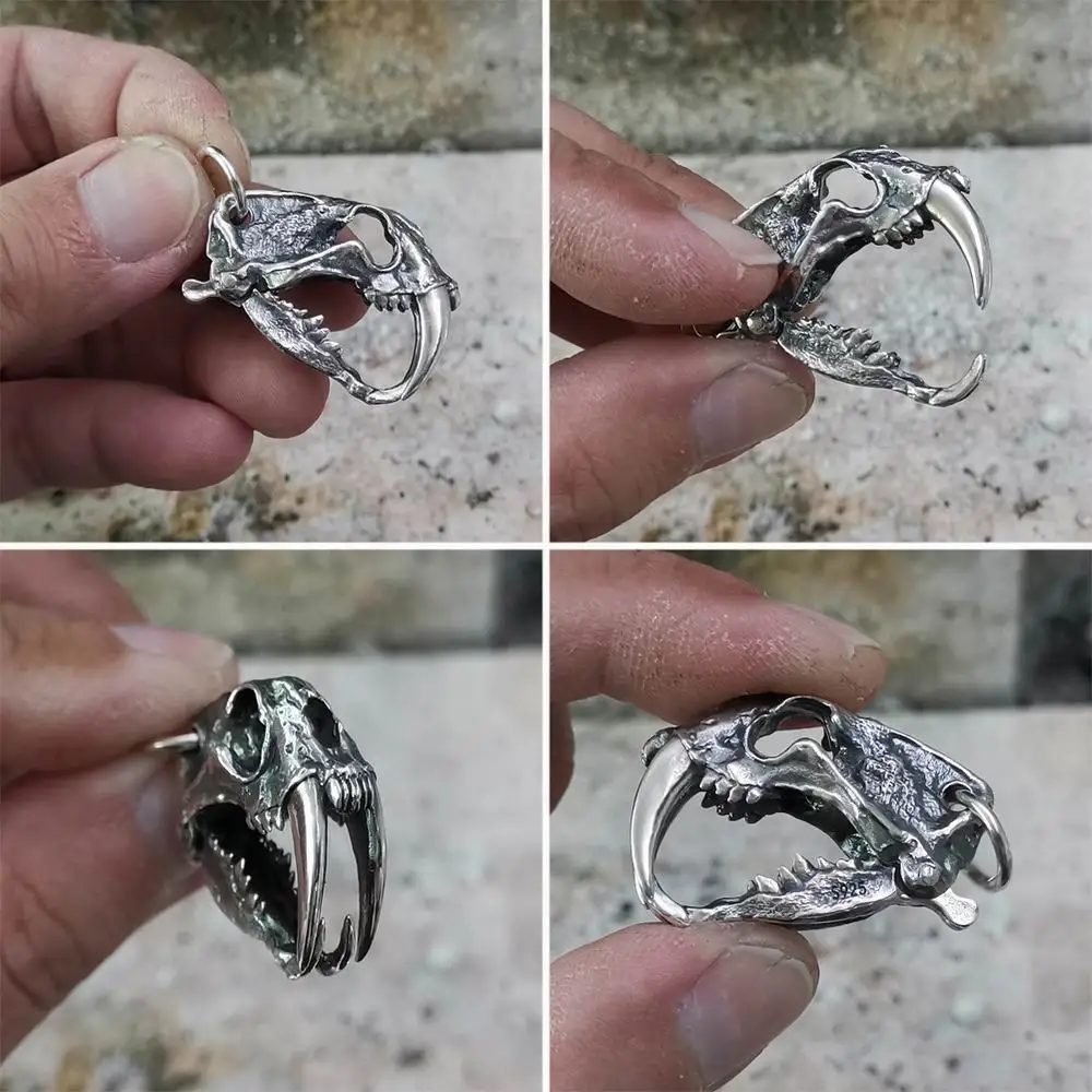 925 Sterling Silver Openable Tiger Lion Skull Pendant Mens Punk Pendant TA214