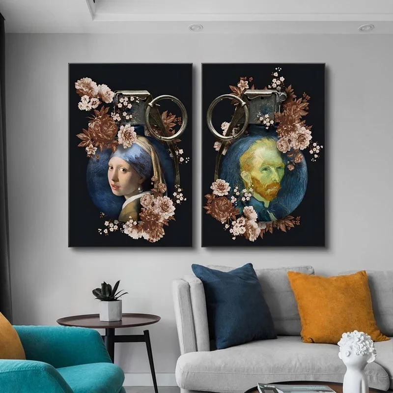 Funny Flower Van Gogh and Pearl Earring Girl Art Painting on Canvas Nordic Poster Print Wall Pictures for Living Room Home Decor