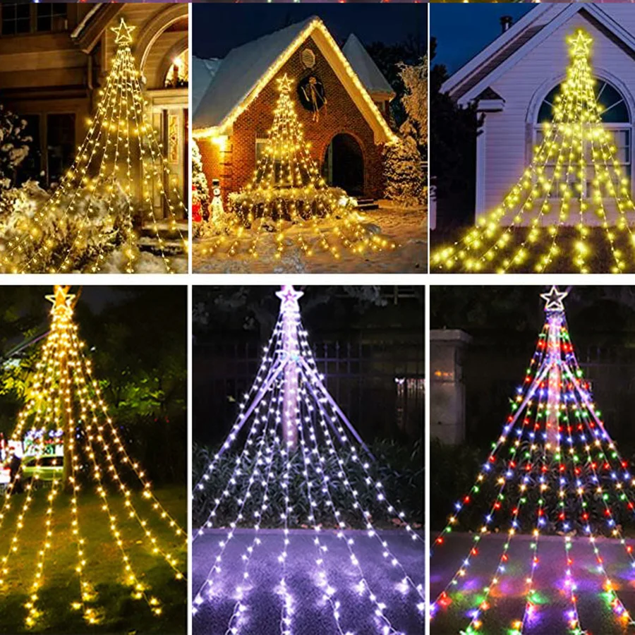 9X3.5M Solar Christmas Star Fairy Lights Solar Waterfall Christmas Tree Lights with Star Topper Garland Light for Outdoor Decor