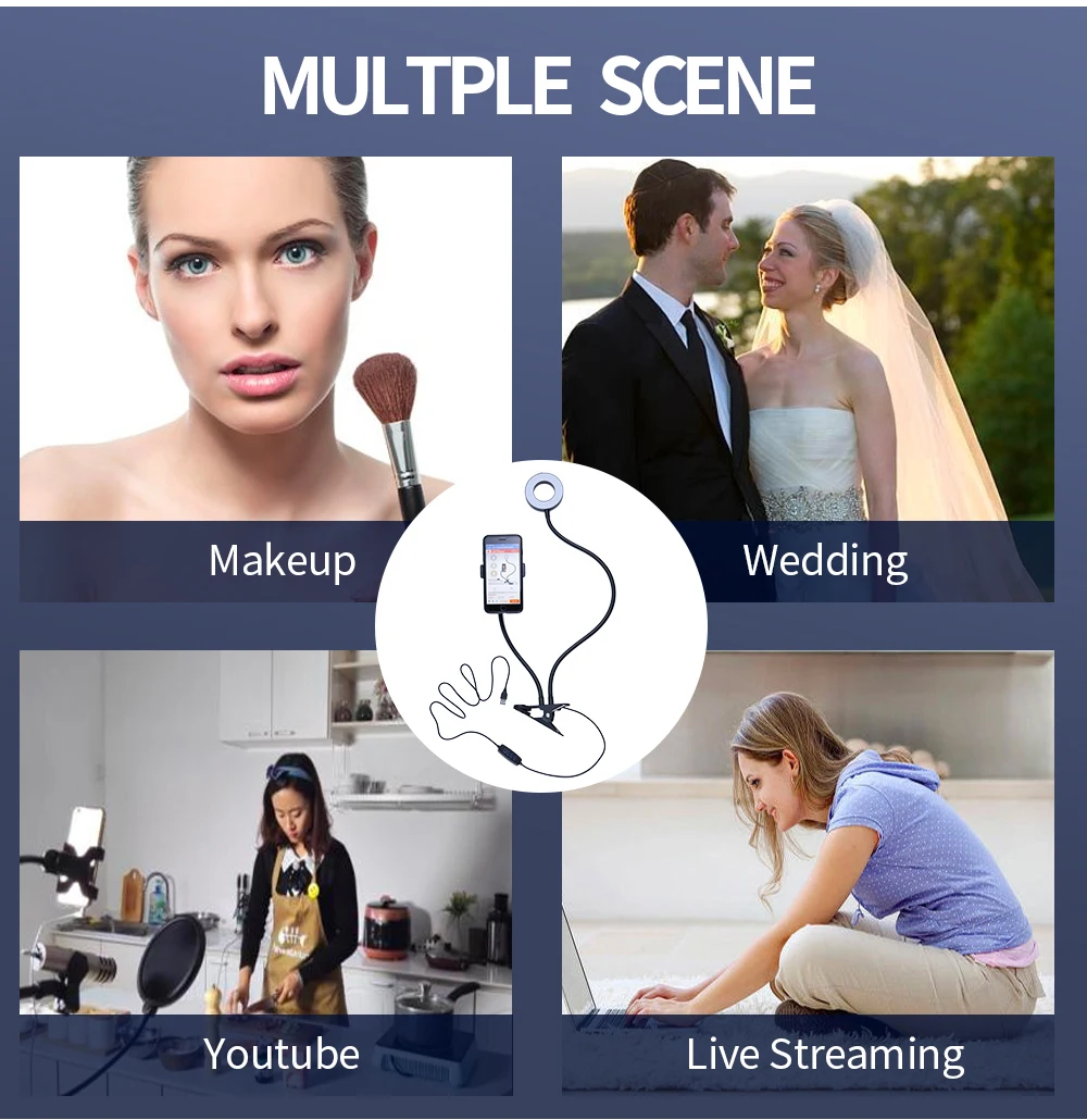 유연한 휴대 전화 홀더와 범용 셀카 링 라이트, 레이지 브래킷 책상 램프 LED 조명 라이브 스트림 사무실 주방