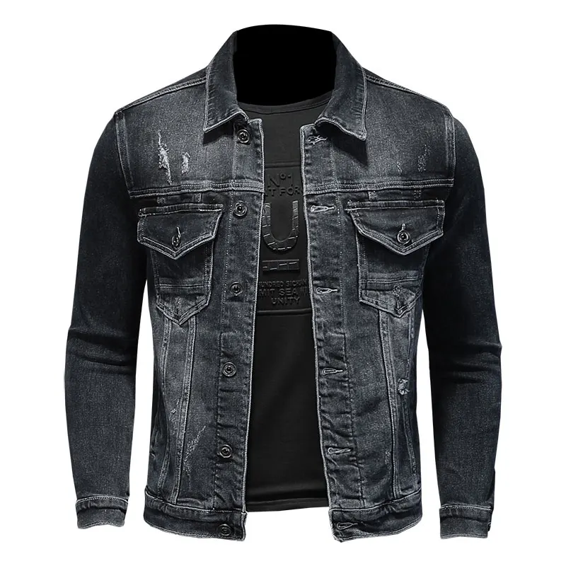 Spring Men Denim Jacket Blue Gray Cotton Turndown Collar Long Sleeve Slim Clothes Motorcycle Cowboy Jeans Coat Male Brand