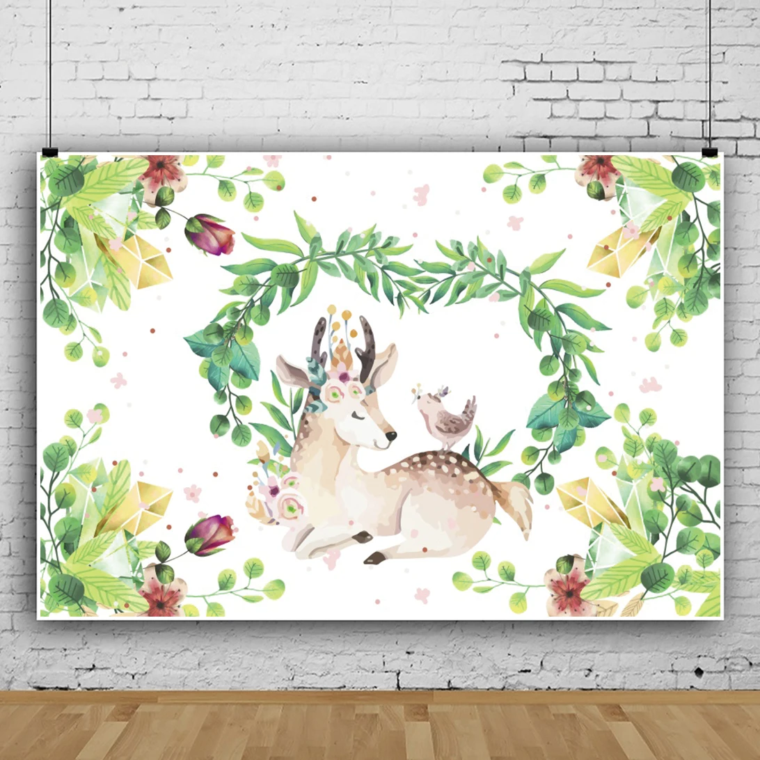 Laeacco Cartoon Sika Deer Plant Flower Pattern Baby Shower Birthday Party Decor Customized Photography Background Photo Backdrop