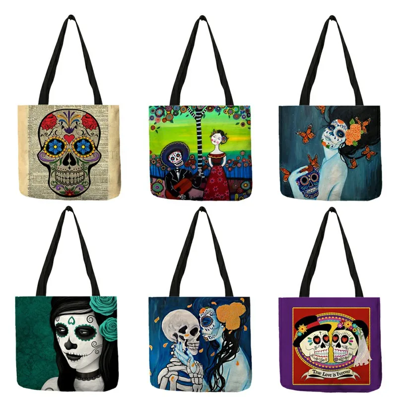 Tattooed Day of Dead Sugar Skull Printed Women\'s Shoulder Bag Handbag Reusable Shopping Tote Bags Large Capacity B13126