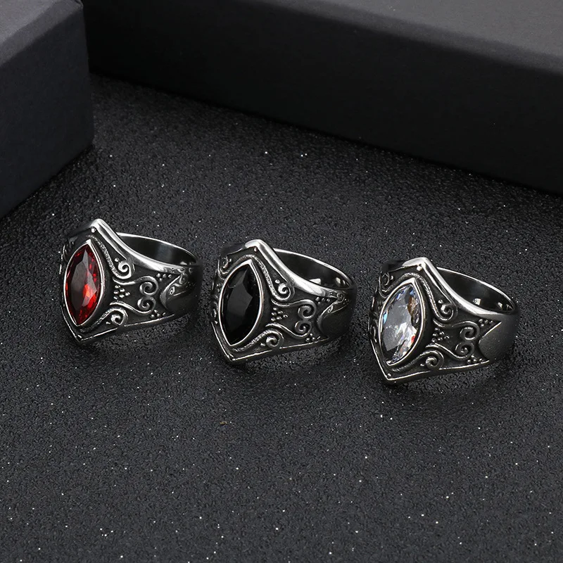 Vintage Jewelry Stainless Steel Red Stone Carved Men\'s Ring Personality Fashion Ring