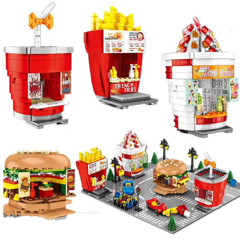 Hamburger Ice cream Food Store Model Building Blocks Creative Architecture City Street View Educational Children Toys For Kids