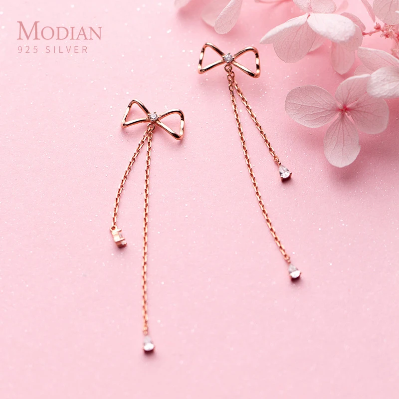 Modian Simple Rose Gold Color Bowknot Long Tassel Swing Drop Earrings For Women Sterling Silver 925 Dangle Earring Charm Jewelry