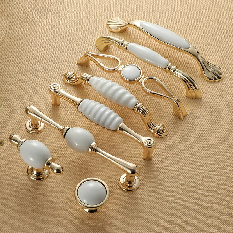 Gold White Creamic Gold Cabinet Handles Knobs Drawer Pulls Kitchen Door Handles Furniture Handle Cabinet Door Hardware