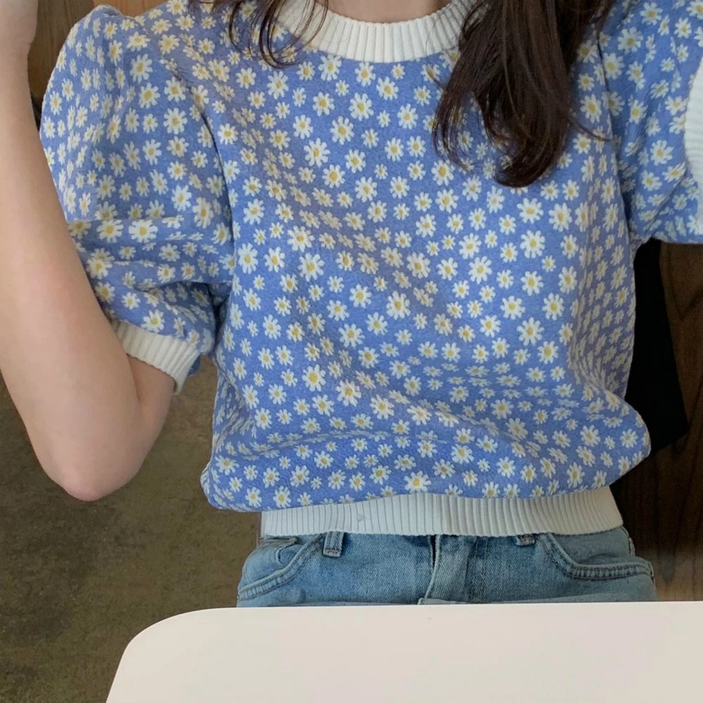 Sweet Summer Short Blue Daisy Shirt Puff Sleeve Knitted Pullovers Round Collar Tops
