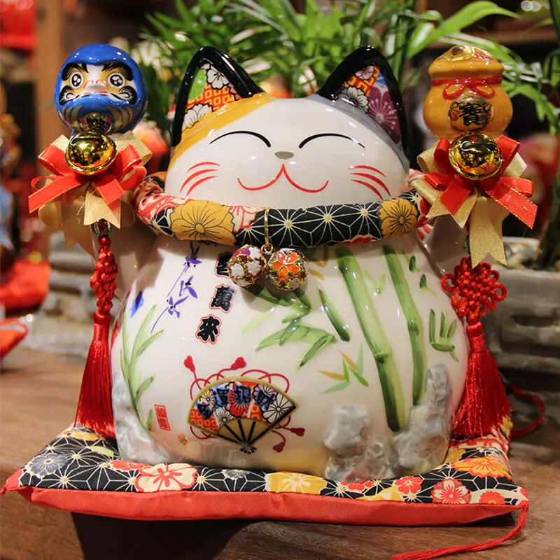 8 inch Japanese Ceramic Lucky Cat Maneki Neko with Daruma Fortune Cat FengShui Crafts Money Box Home Desktop Decoration Gift