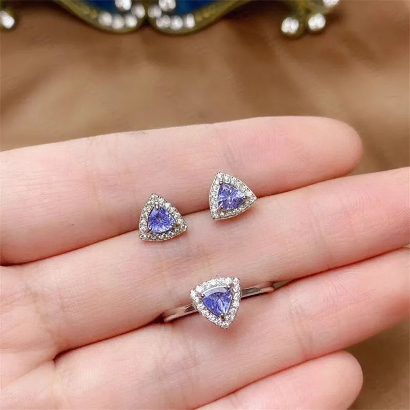 

Natural 925 silver women's ring earrings set inlaid with tanzanite, exquisite and fresh personality, new fashion