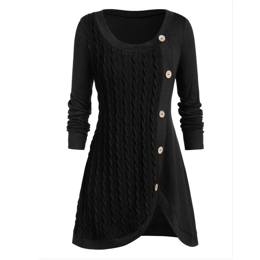 Oversized 5XL Winter Solid Buttons Tunic Sweater Women O-Neck Long Sleeve Pachwork Asymmetric Tops Knitted Sweater Female Jumper