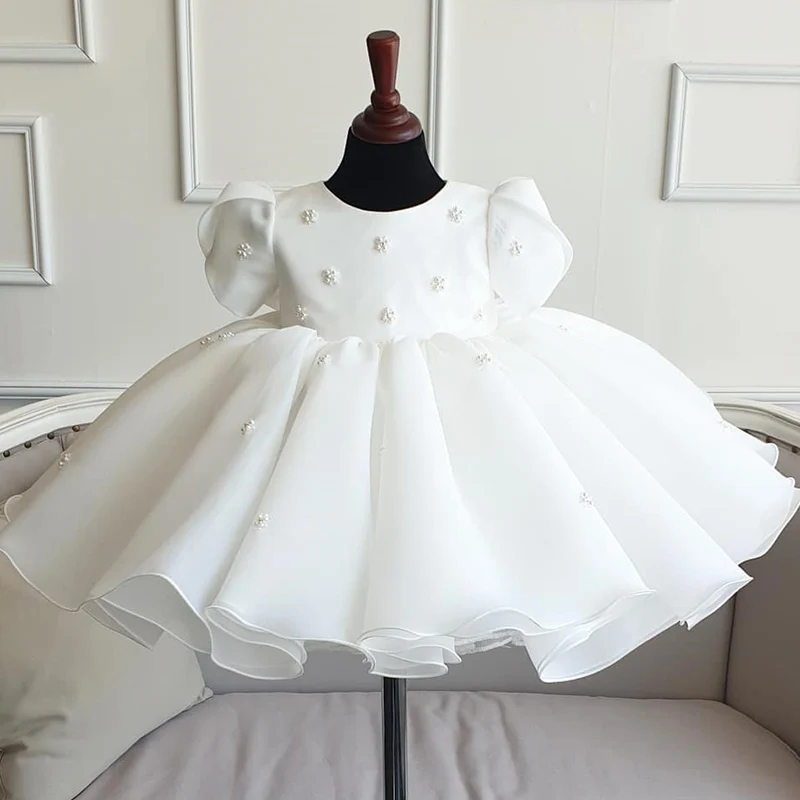 White Lace Newborn Dress For Baby Girl Party Wedding Short Sleeve Beads Tulle Infant 1st Birthday Gown Princess Baptism Clothes