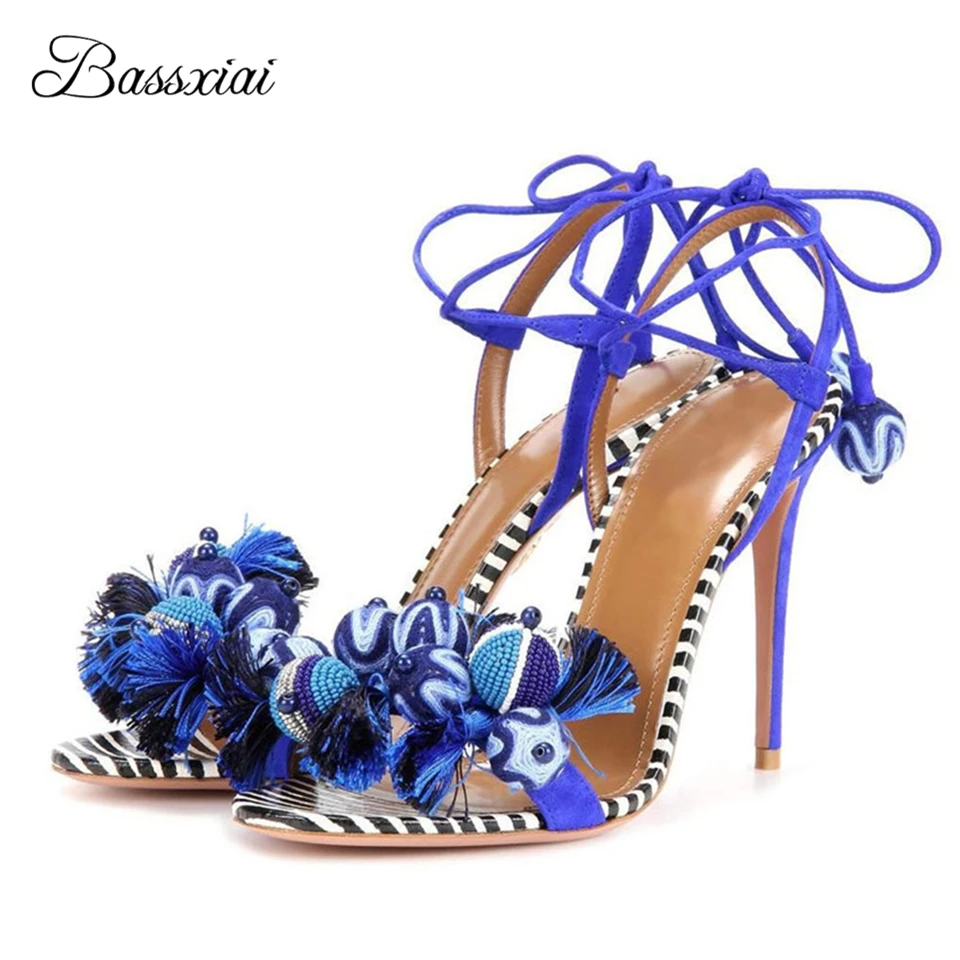 

Pompoms Beads Ankle Wrap Sandals Women Summer 10cm Thin High Heels Fringed Tassels Suede Striped Party Shoes Woman