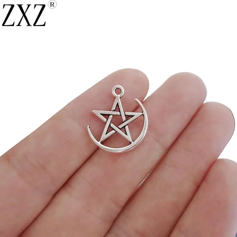 ZXZ 20pcs Pentagram Star Moon Crescent Charms Pendants Double Sided for Necklace Jewelry Making Findings 19x17mm