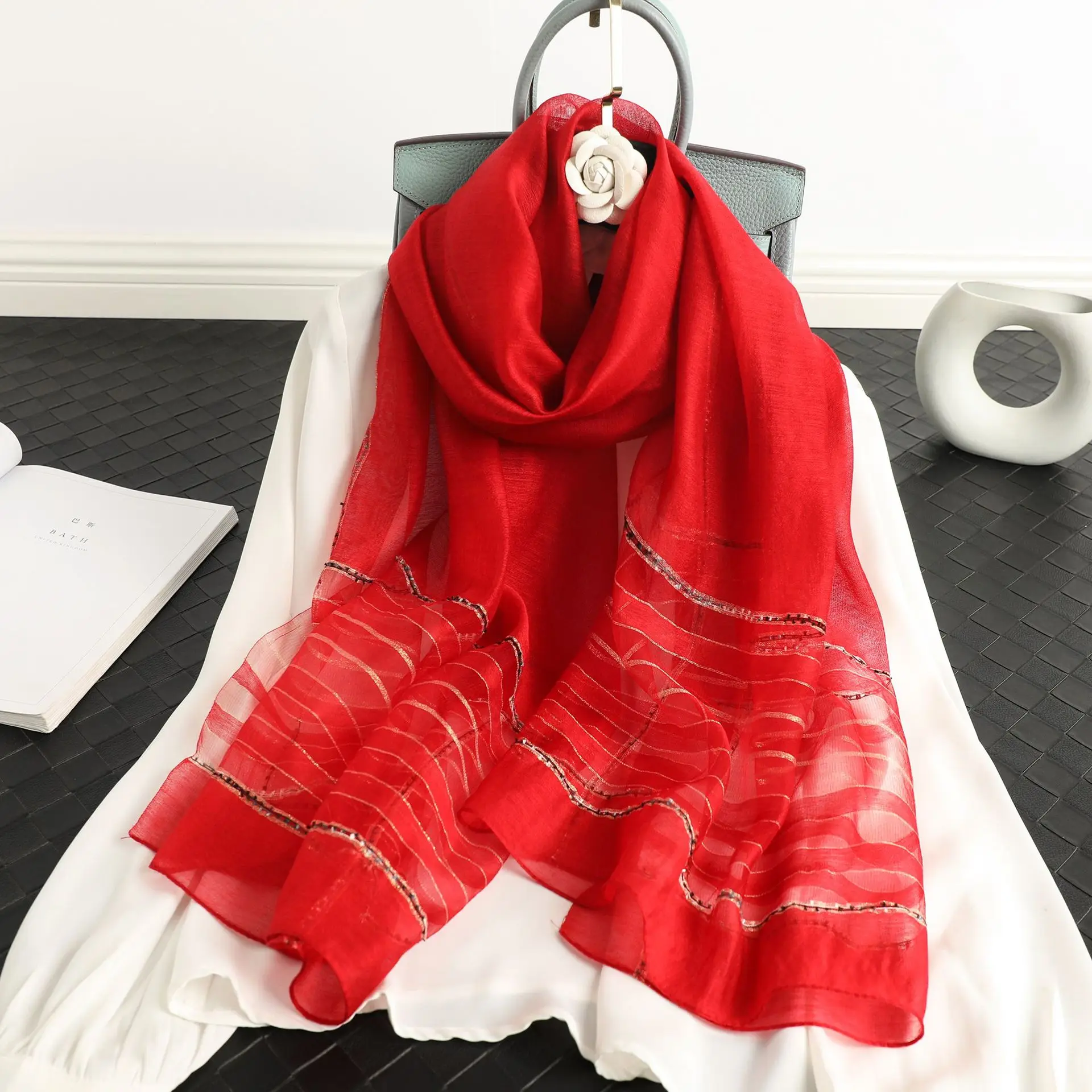 High quality 2024 new scarf real silk wool Women Long scarves Shawl Female hijab wrap Summer Beach Cover-ups Scarves Bandana