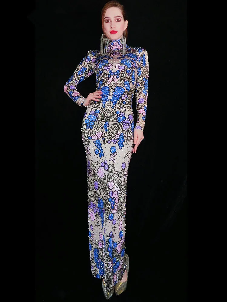 ผู้หญิงดอกไม้แขนยาวชุดประกายไรน์สโตนแฟชั่นวันเกิดฉลองชุดราตรีนักร้องคอนเสิร์ตเซ็กซี่เครื่องแต่งกายบนเวที