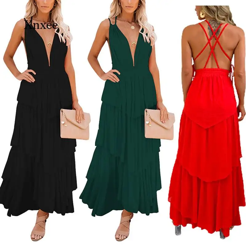 Irregular Ruffle Long Dress Women Backless Sexy Drawstring Tie Bodycon Bandage V Neck Stretch Robe Summer Party Beach Vestidos