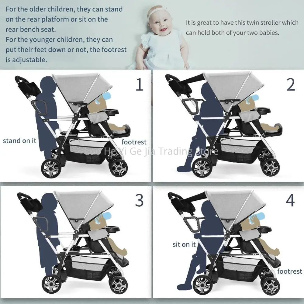 Double Children Carriage, Convenience 2 Kids Sit/Stand Stroller, Fold Tandem Pram