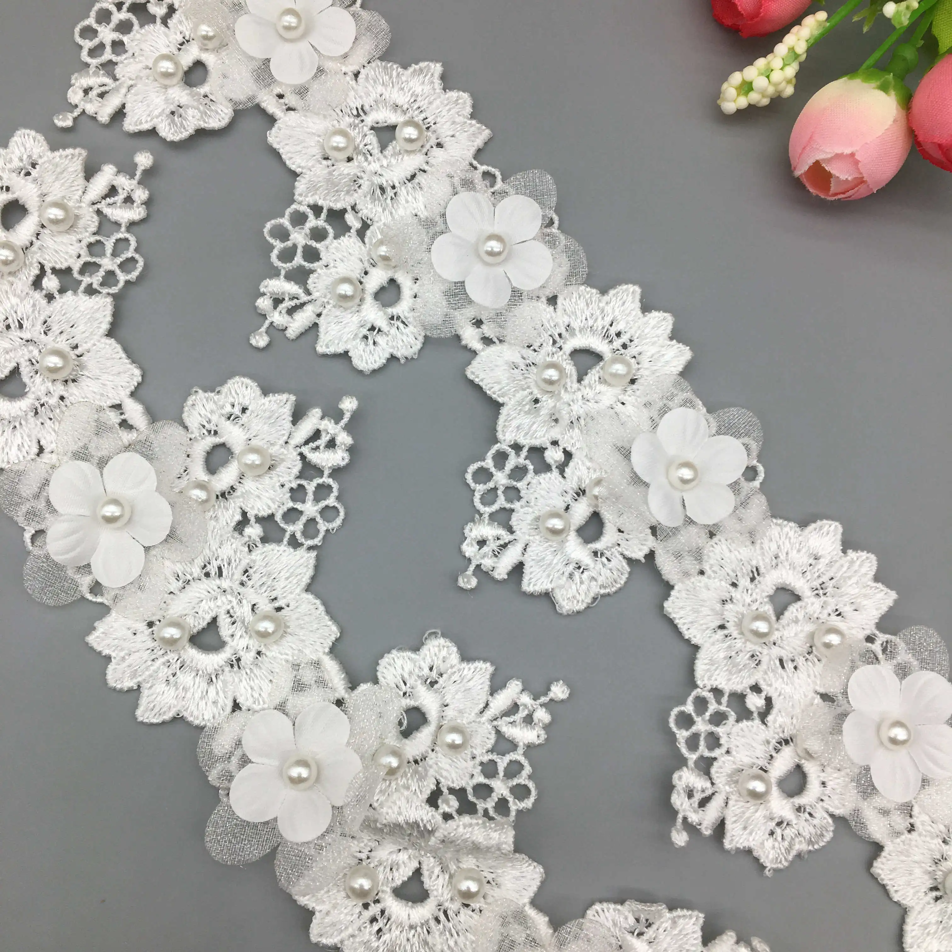 1 Yard 3D Flower Pearl Lace Trim Embroidered  Lace Ribbon Fabric Handmade Beaded Sewing Craft For Costume Hat Decoration 5cm