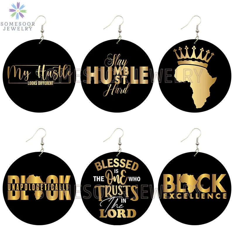 SOMESOOR Unapologetic Black Excellence Printed African Wooden Drop Earrings Golden Color Blessed Hustle Loops Dangle For Women