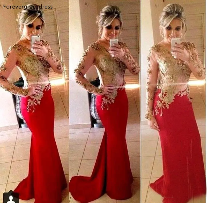 Vestidos de Fiesta de sirena para niña, ropa de manga larga de color rojo con encaje dorado, talla grande disponible