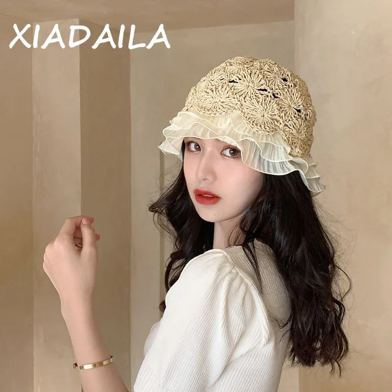 

Women's lace woven hat small fresh versatile sunscreen sunshade Bucket Hat small along summer small eaves personalized decoratio