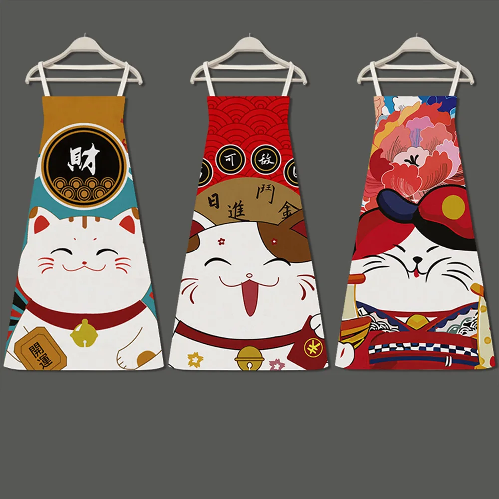 Antifouling Aprons Japanese Cartoon Lucky Cat Cooking Sleeveless Bib Chef Aprons Overalls Pinafore Household Kitchen Supplies