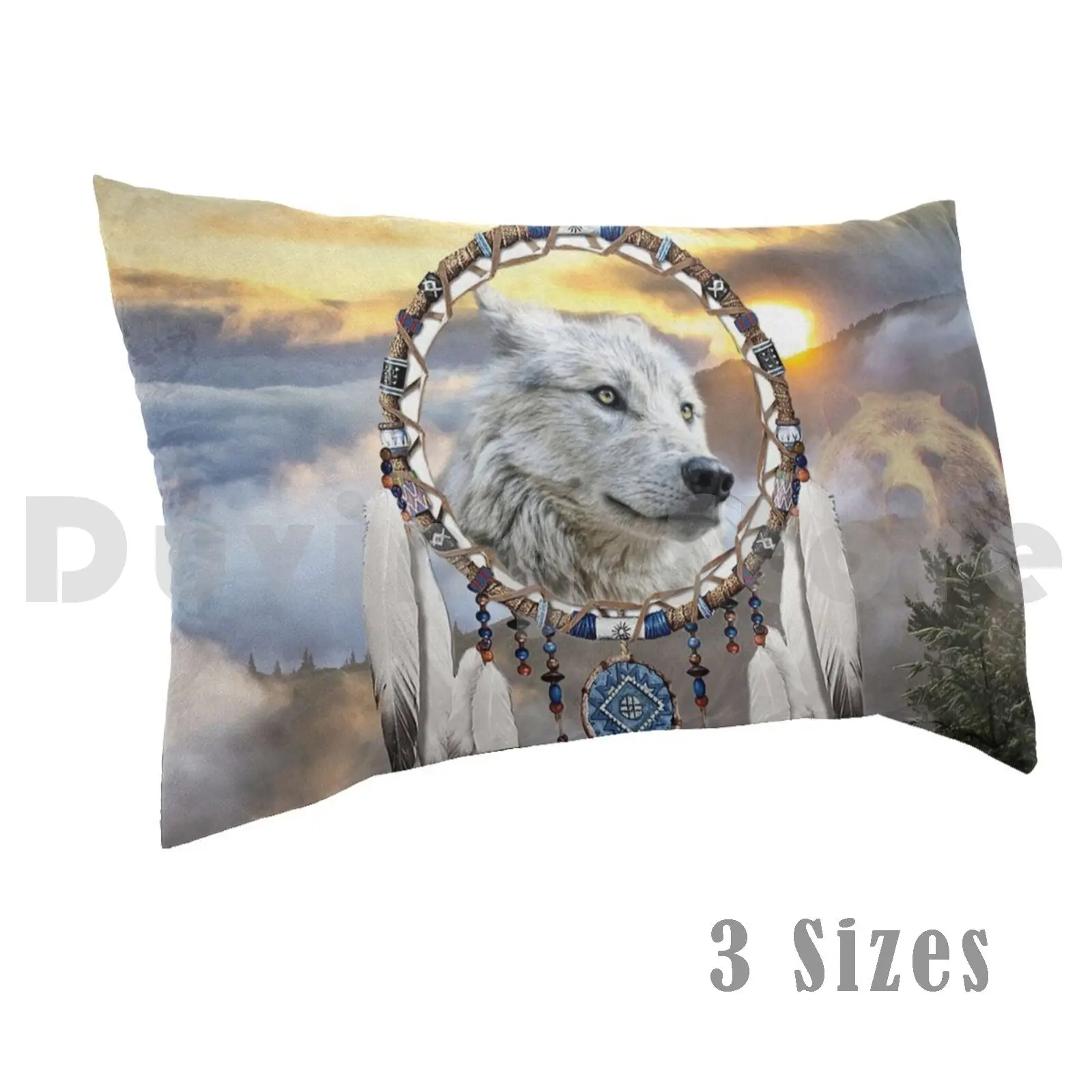 Wolf , Bear And Dream Catcher Pillow Case Printed 50x75 Wolf Wolves Bear Wild Animals American Animals Native