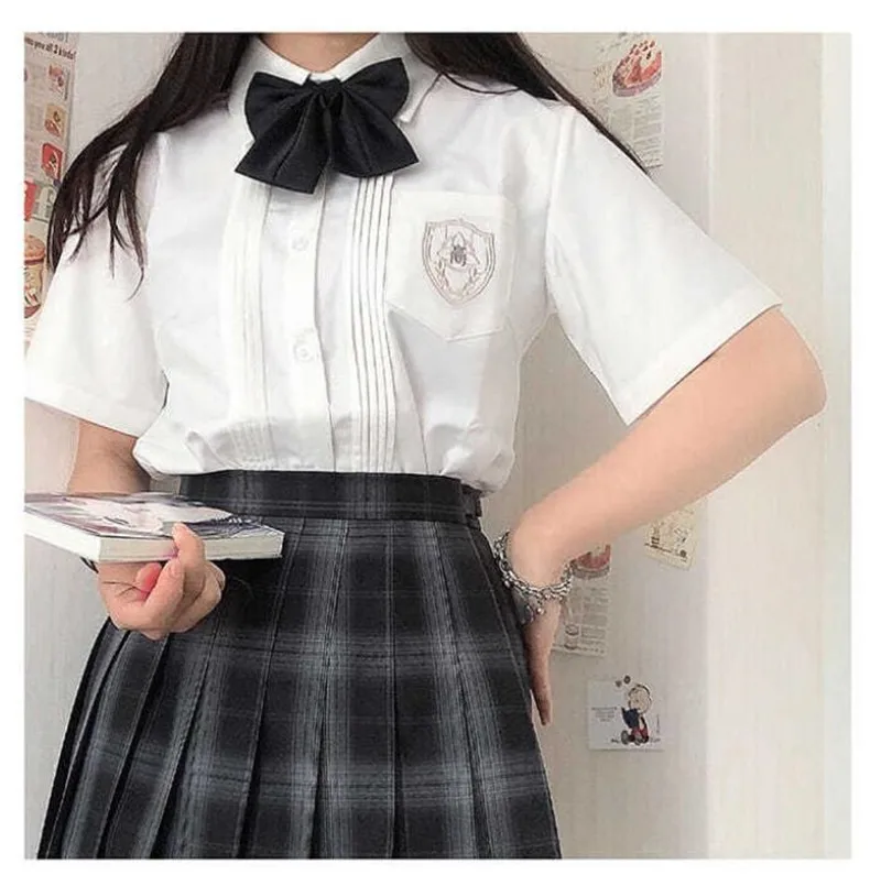 Mulheres verão blusas camisa de manga curta sólido branco bordado topos moda japonês coreano jk estilo feminino camisas lapela