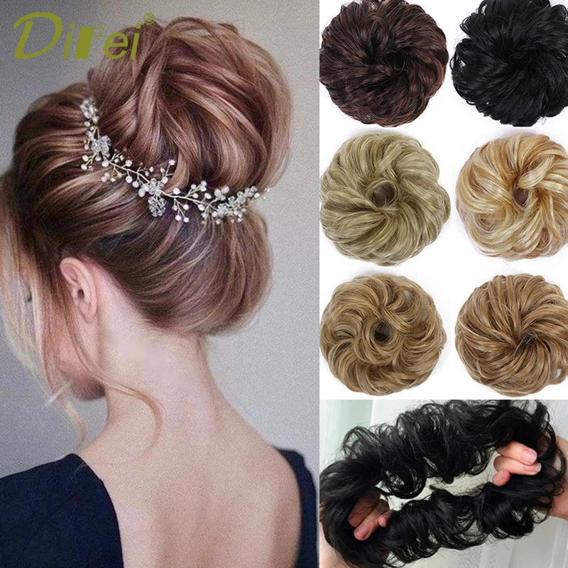 DIFEI Synthetic Curly Messy Chignon Donut Gray Black Colors Hair Bun Elastic Hair Rope Rubber Band Wrap On Ponytail Hairpieces