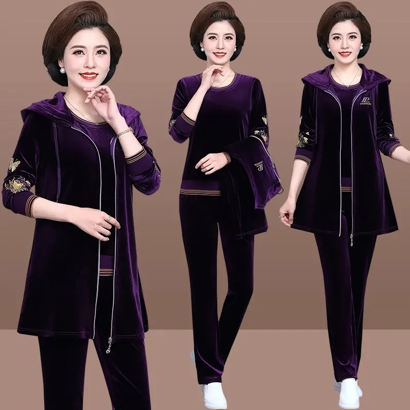 

Mom's Velvet Tracksuit Women Embroidered Plus Size 3 Piece Outfit Casual Zip Up Hooded Waistcoat + t-Shirt + Pants Set Sweatsuit