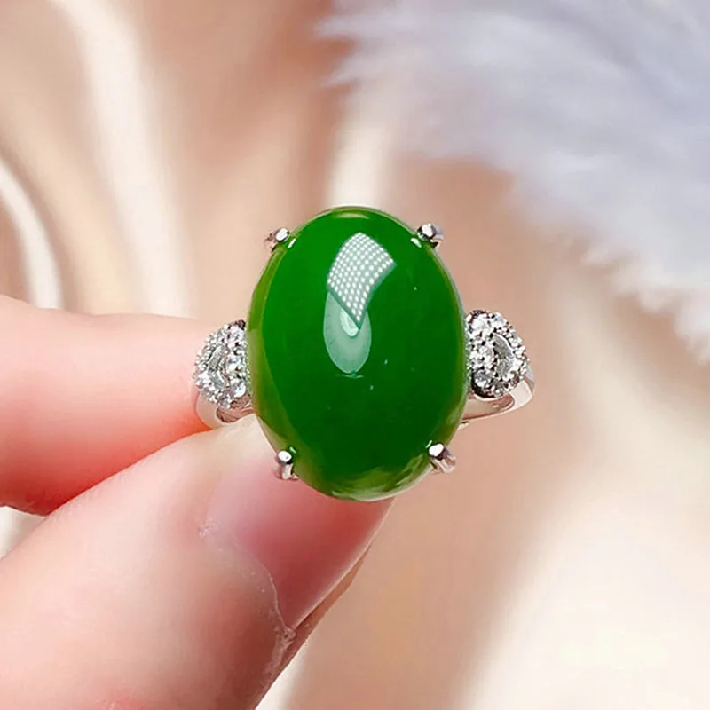 Elegante oval verde jade esmeralda pedras preciosas anéis de diamantes para as mulheres branco ouro prata cor bague jóias finas