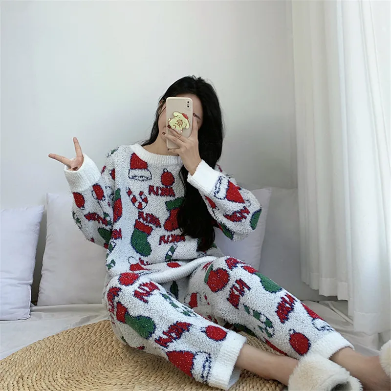 Lady Winter Warm Pajamas Set Cartoon Nightwear Christmas Sleepwear Coral Fleece Women\'s Pyjamas Flannel Pijamas Thicken Homewear