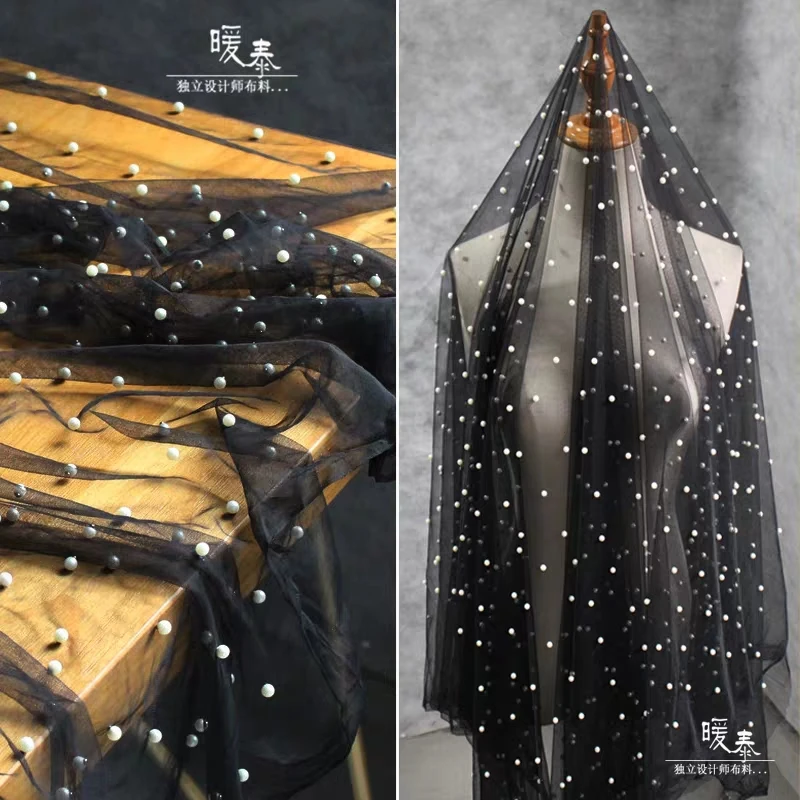 Black Beaded Lace Tulle Fabric Gold White Handwork Pearl DIY Curtain Decor Clothes Skirts Wedding Dress Designer Fabric