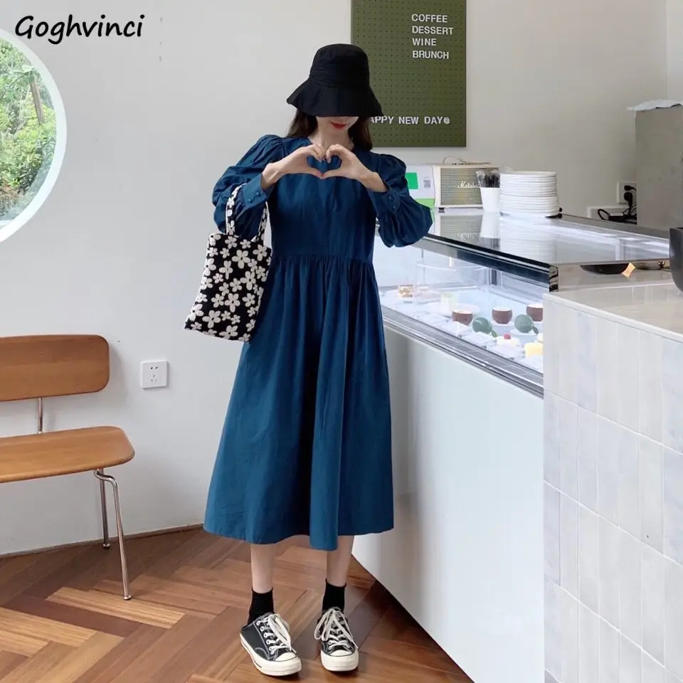 Long Sleeve Dress O-neck Solid A-line Mid-calf Casual Korean Style Slender Elegant Sweet Girls Womens Fashion All-match Vintage