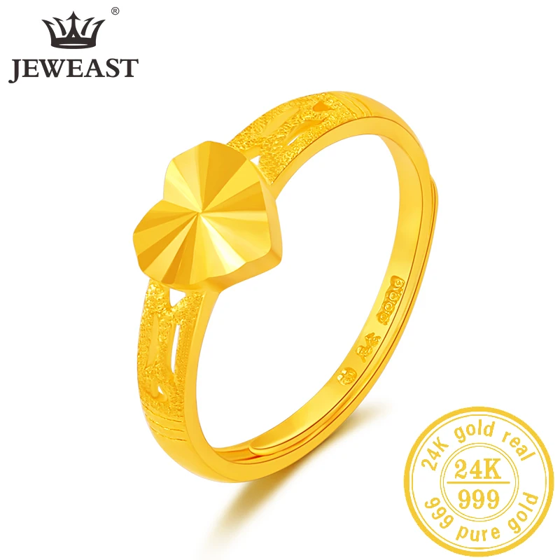 JLZB 24K Pure Gold Ring Real AU 999 Solid Gold Rings  Shiny Heart Beautiful Upscale Trendy Classic Jewelry Hot Sell New 2023