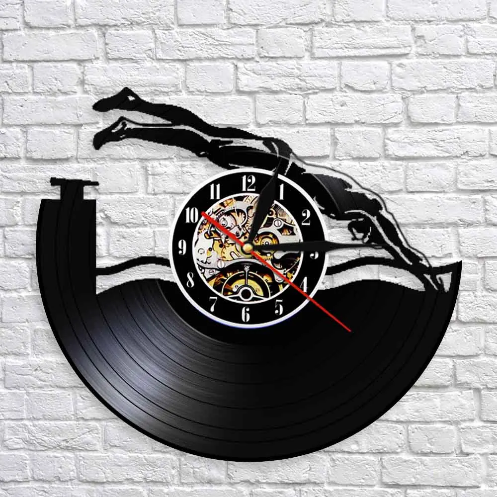 Swimming Sport Vintage Vinyl Record Wall Clock Modern Design Natation Fitness Hanging Watches Decor Hobby Gift For Boy And Girl