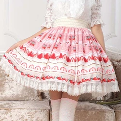 Women Japan Fashion Skirts Girl Lovely Cute Fresh Strawberry Print Pink Lolita Kawaii Cake Lady Pleated Lace Cosplay Bottoms